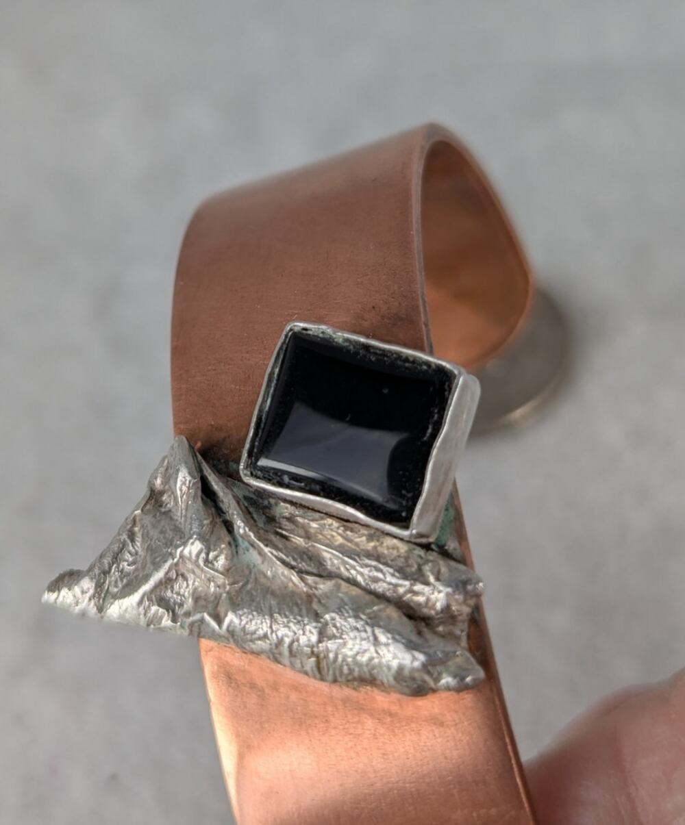 Copper Cuff bracelet Onyx Sterling embellishment OOAKFor 7"wrist NWT Rustic